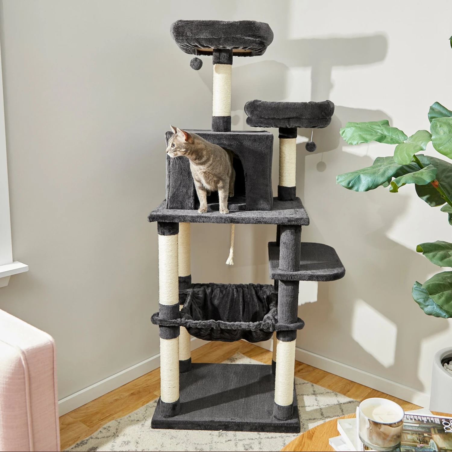 Frisco 64-in Cat Tree With Hammock, Condo, 2 Top Perches With Bed 3 Frisco 64-in Cat Tree With Hammock, Condo, 2 Top Perches With Bed