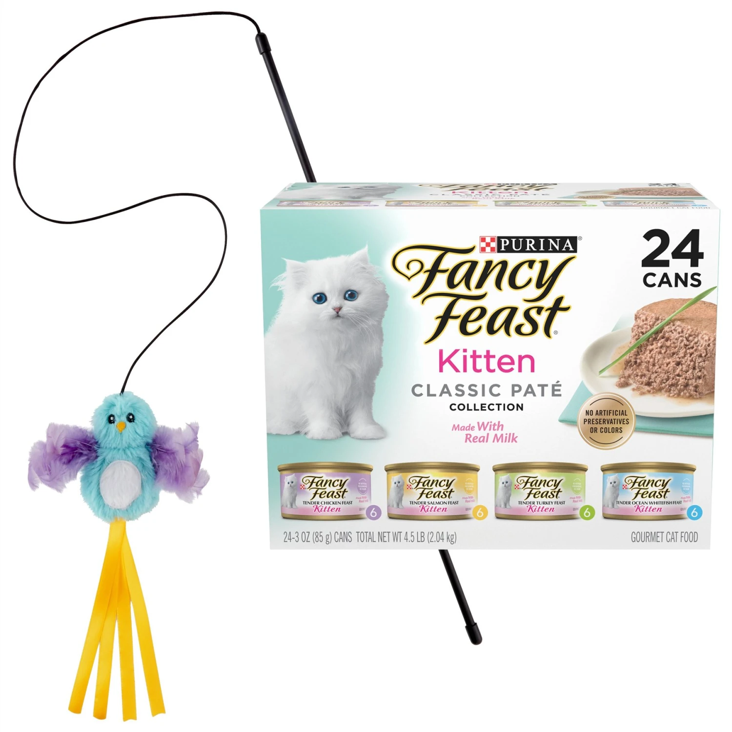 Fancy Feast Tender Feast Variety Pack Canned Kitten Food & Frisco Bird With Feathers Teaser Wand Cat Toy With Catnip 3 Fancy Feast Tender Feast Variety Pack Canned Kitten Food & Frisco Bird With Feathers Teaser Wand Cat Toy With Catnip